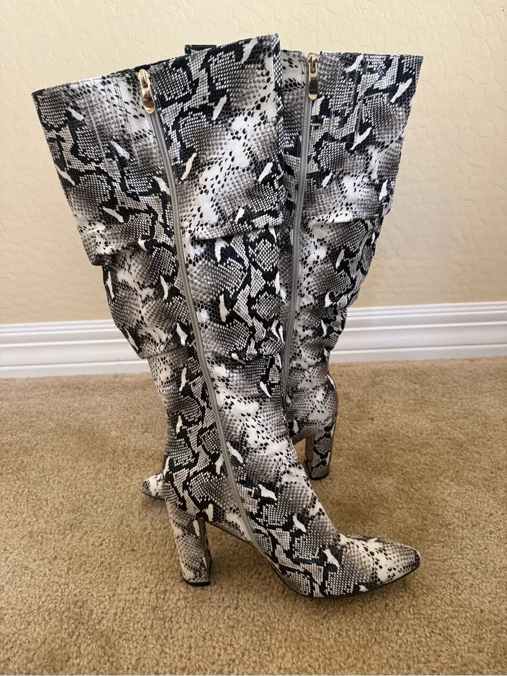 Python-Pattern Over-the-Knee Heeled Boots - Black & White - Picture 3 of 4